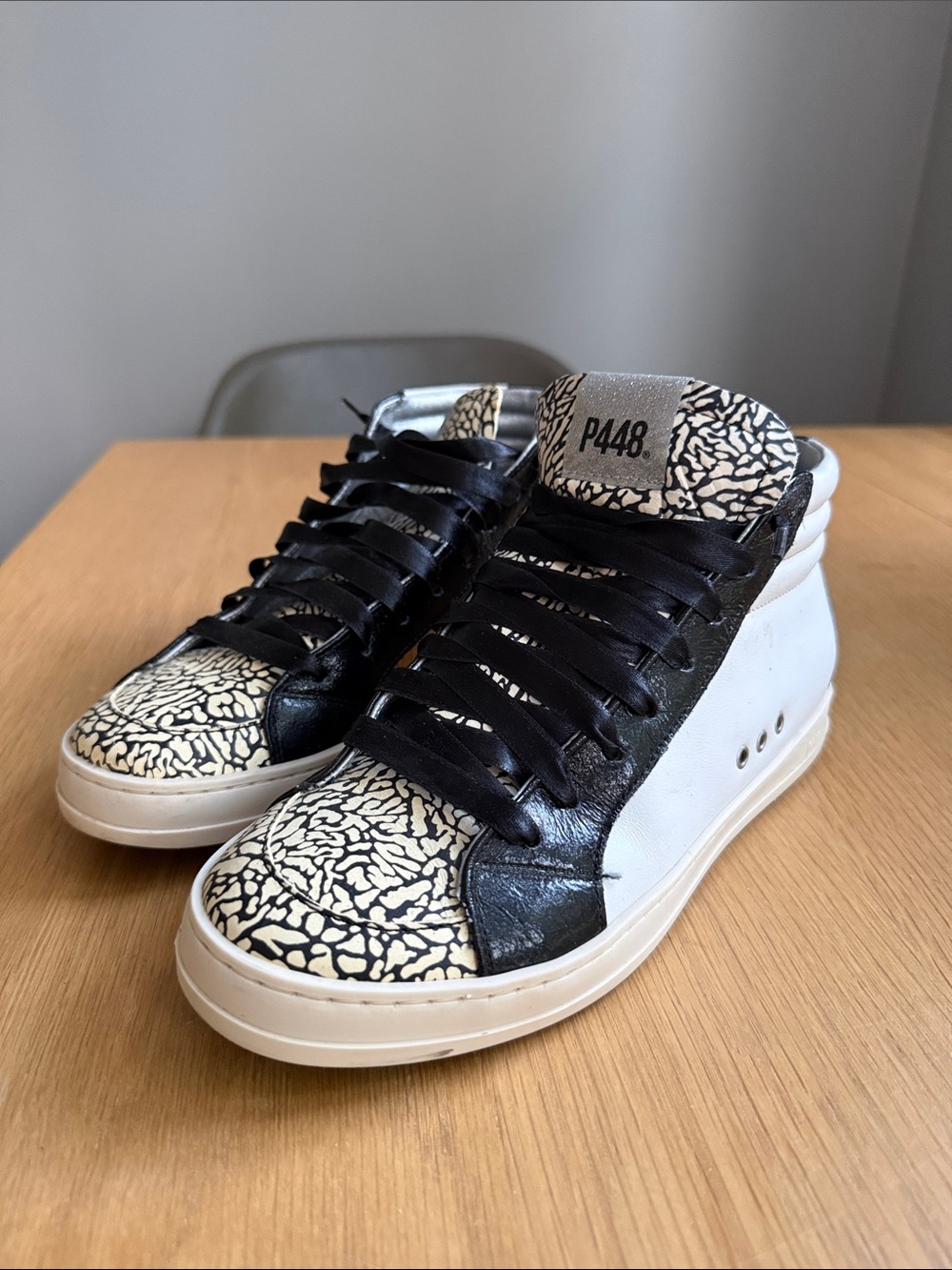 P448 High-Top Sneakers in Black, White & Cream Crackle
